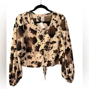 Saints and Hearts Ruched Mesh Long‎ Sleeve Top Cream and Brown Size Large NWT